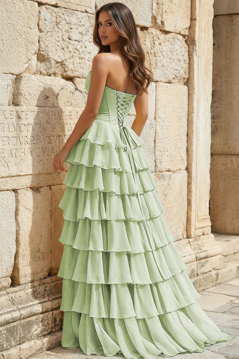 Strapless A-Line Ruffle Long Formal Prom Gown With Split