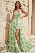 Strapless A-Line Ruffle Long Formal Prom Gown With Split