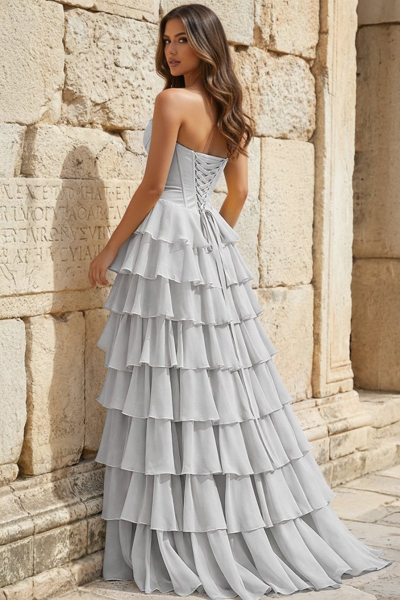 Strapless A-Line Ruffle Long Formal Prom Gown With Split