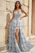 Strapless A-Line Ruffle Long Formal Prom Gown With Split