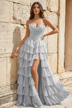 Strapless A-Line Ruffle Long Formal Prom Gown With Split