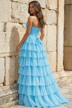 Strapless A-Line Ruffle Long Formal Prom Gown With Split