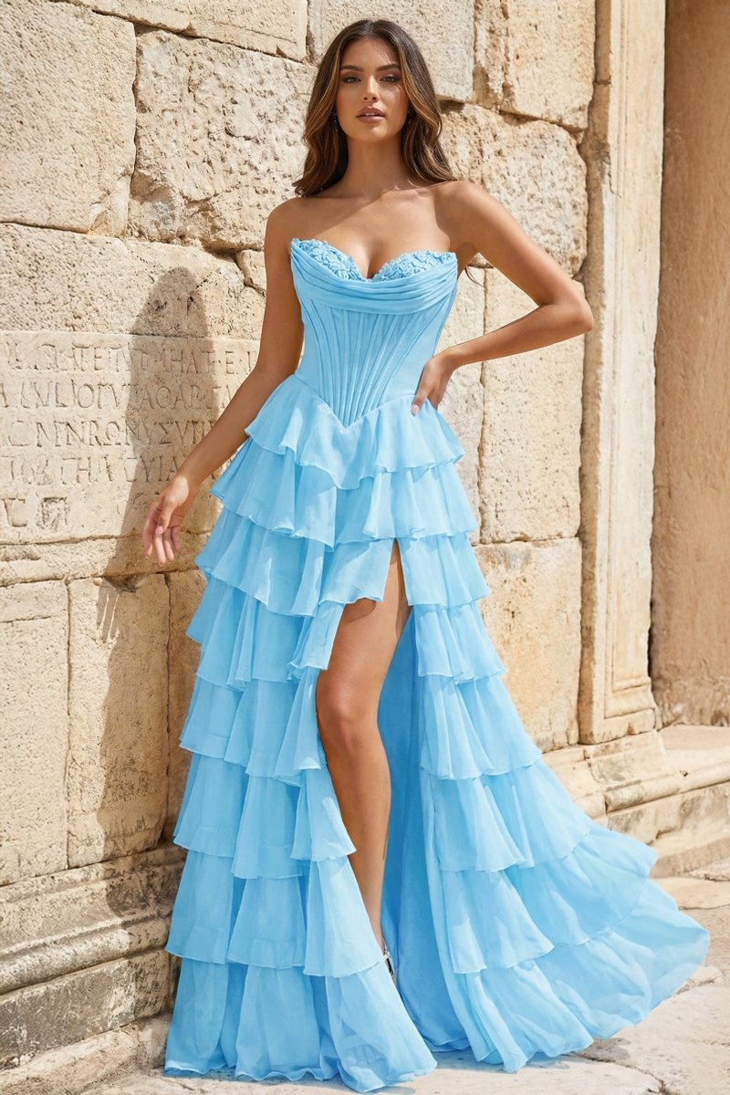 Strapless A-Line Ruffle Long Formal Prom Gown With Split