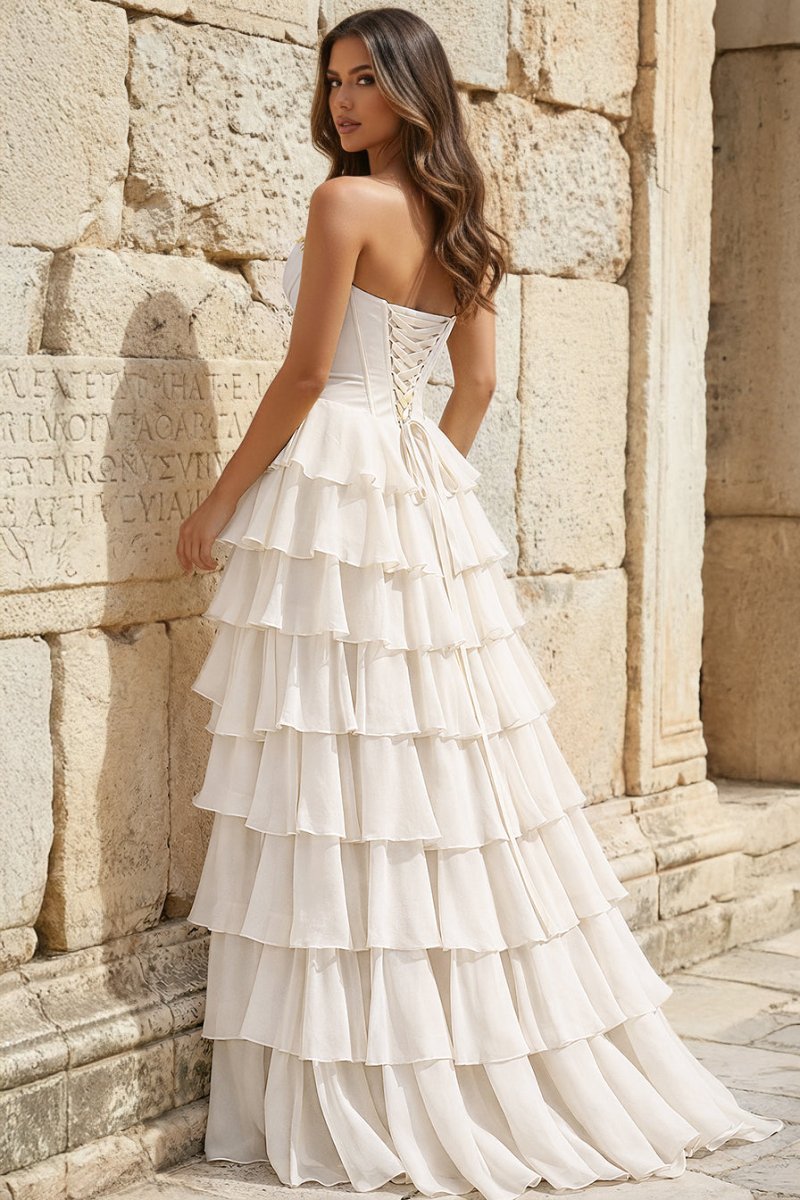 Strapless A-Line Ruffle Long Formal Prom Gown With Split