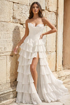 Strapless A-Line Ruffle Long Formal Prom Gown With Split