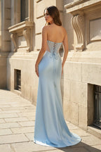 Ink Blue Satin Mermaid Evening Dress with Sweetheart Neckline and Beading