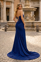 Navy Blue Mermaid Evening Dress with Strapless Neckline and Beading