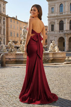 Rhea Noelle Burgundy back view prom dress