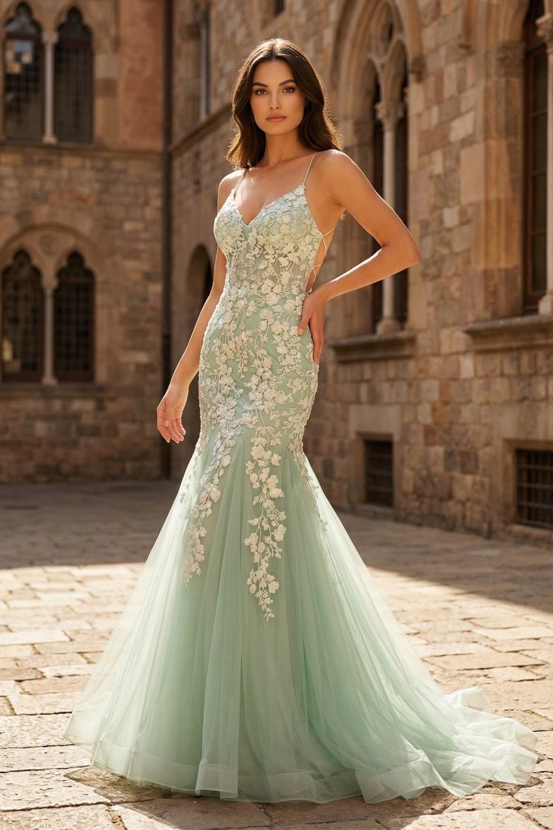 Bellamy Maris Sage Green front view prom dress