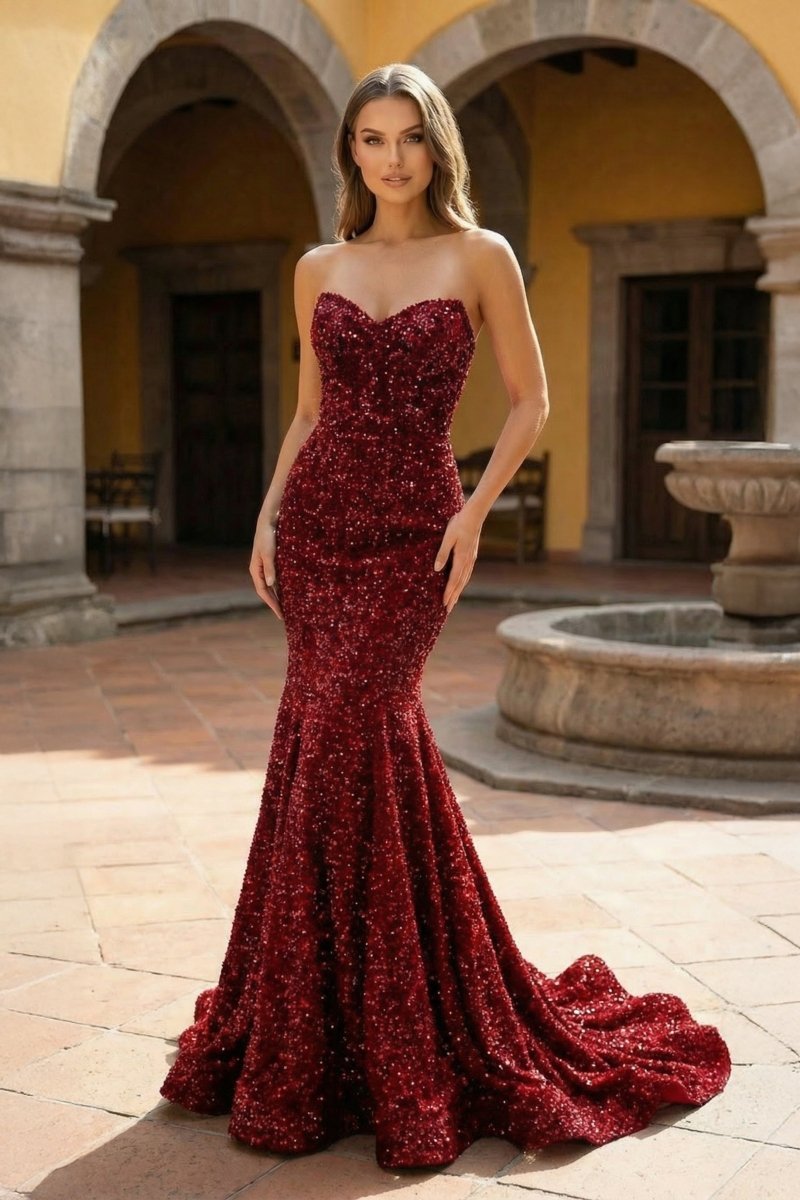 Nerissa Sol Burgundy front view prom dress