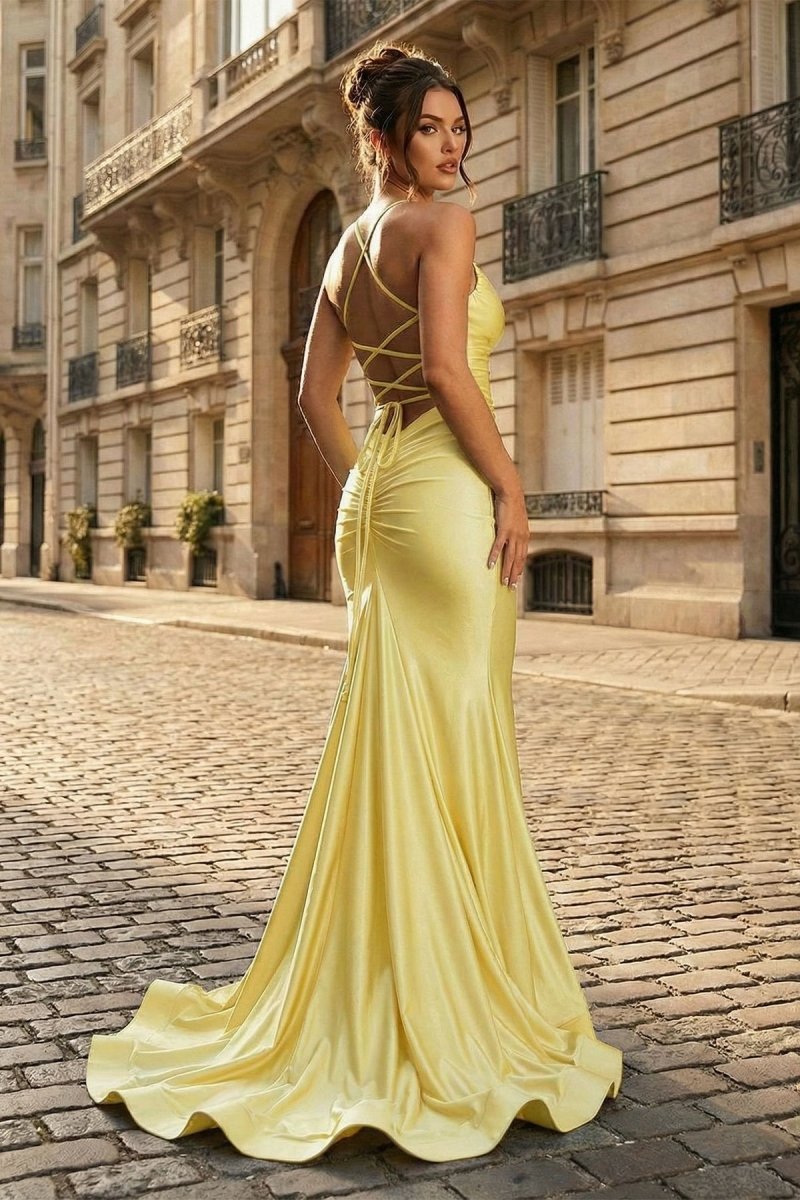 Verity Maren Yellow back view prom dress