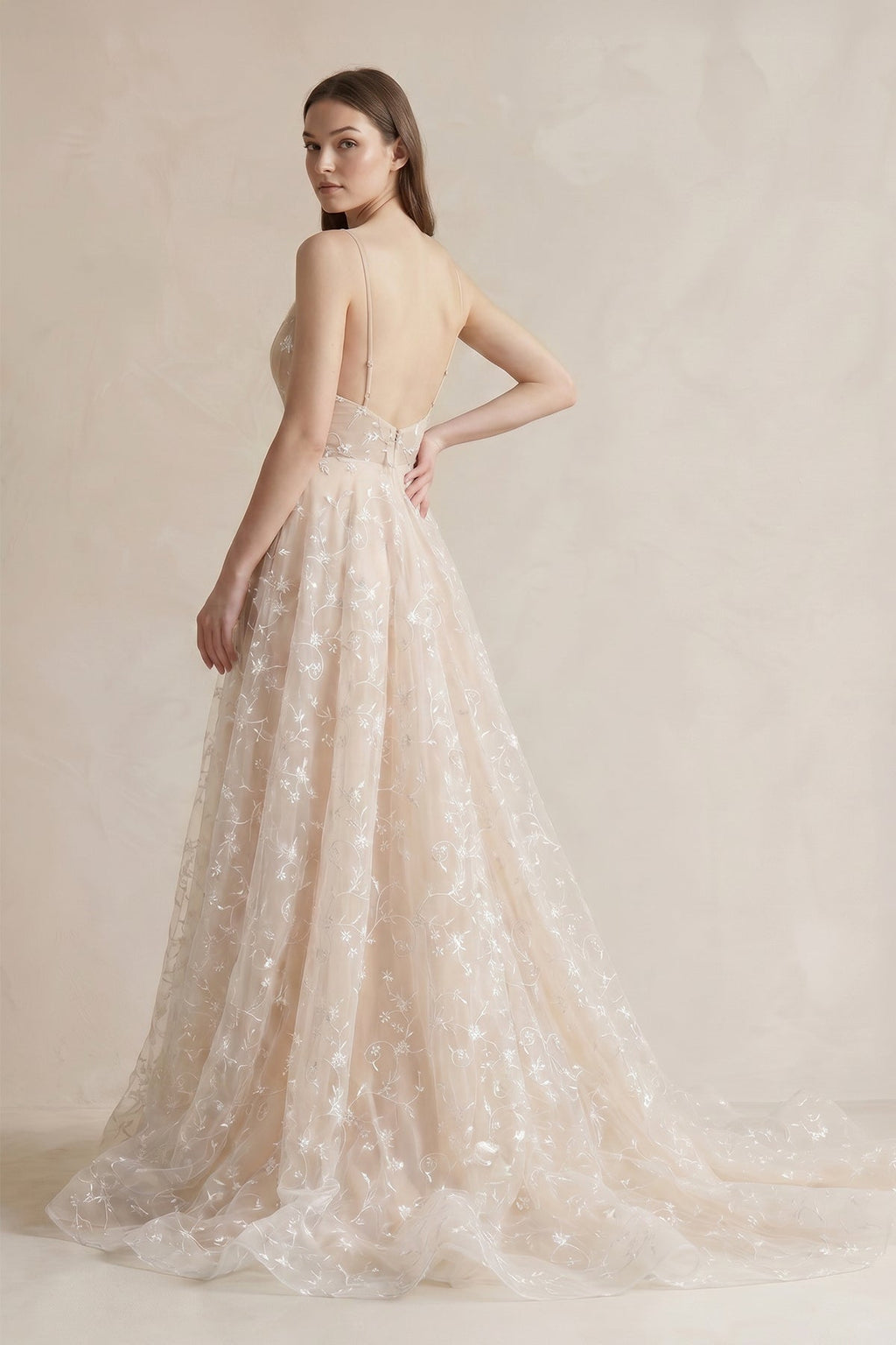 White Tulle A-Line Wedding Dress with Spaghetti Straps Neckline and Lace Up
