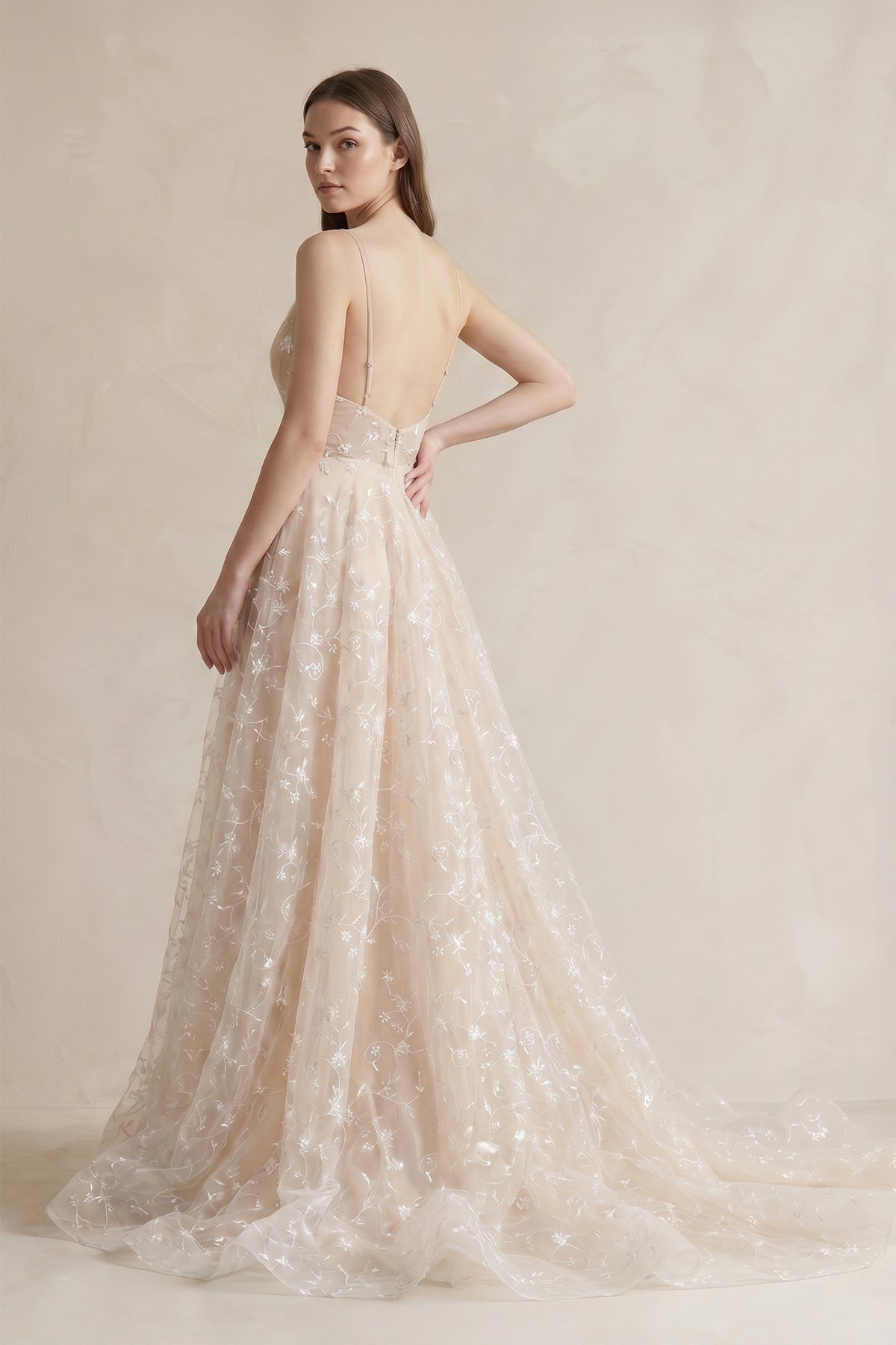 White Tulle A-Line Wedding Dress with Spaghetti Straps Neckline and Lace Up