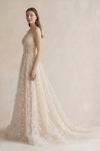 White Tulle A-Line Wedding Dress with Spaghetti Straps Neckline and Lace Up