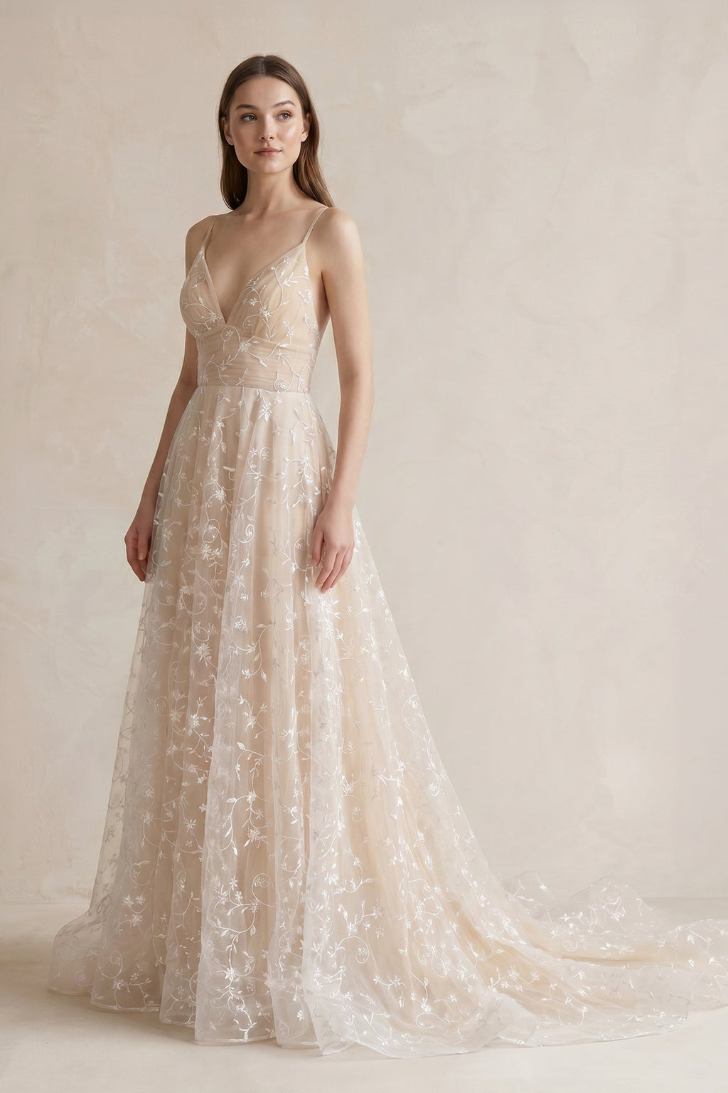 White Tulle A-Line Wedding Dress with Spaghetti Straps Neckline and Lace Up