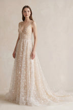 White Tulle A-Line Wedding Dress with Spaghetti Straps Neckline and Lace Up