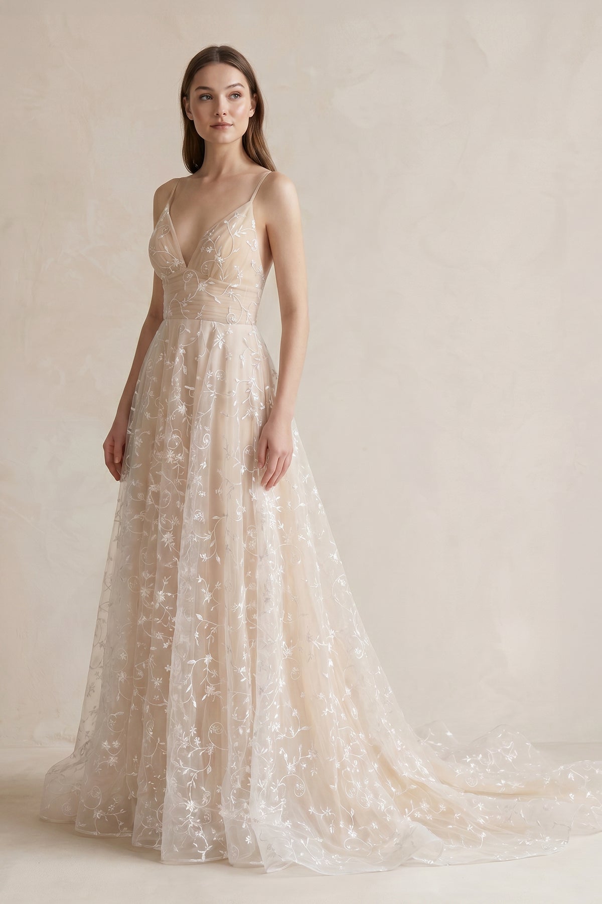 White Tulle A-Line Wedding Dress with Spaghetti Straps Neckline and Lace Up