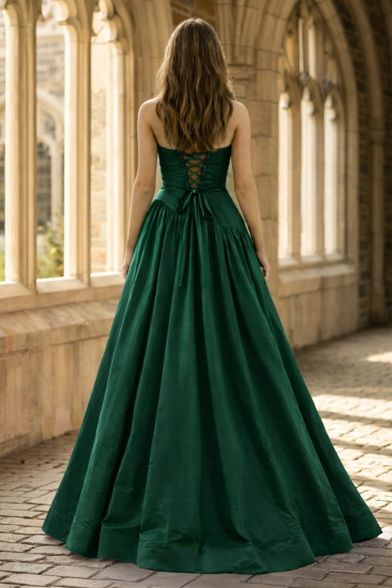 Fiora Camille Hunter Green back view prom dress