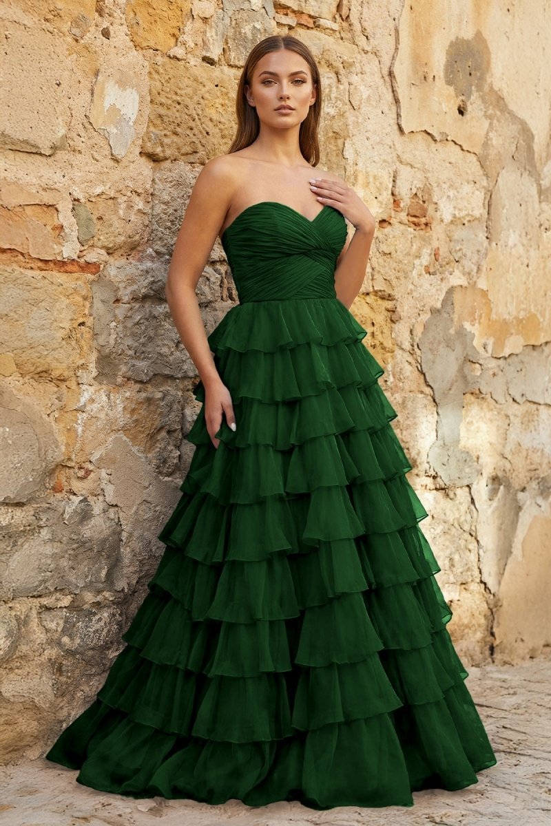 Clarisse Raine Hunter Green front view prom dress