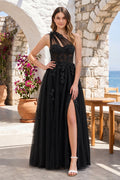 A Line One Shoulder Black Long Formal Prom Gown with Appliques