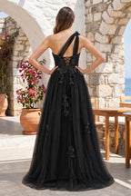 A Line One Shoulder Black Long Formal Prom Gown with Appliques