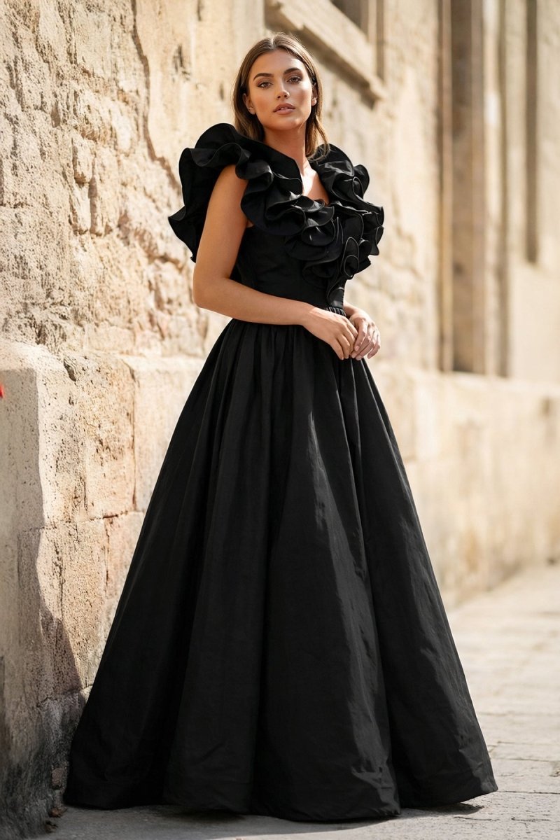 Kallista Black front view prom dress