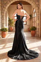 Fuchsia Satin Mermaid Evening Dress with Strapless Neckline and Beading