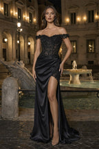 Burgundy Off The Shoulder Mermaid Beaded Satin Long Formal Prom Gown With Appliques