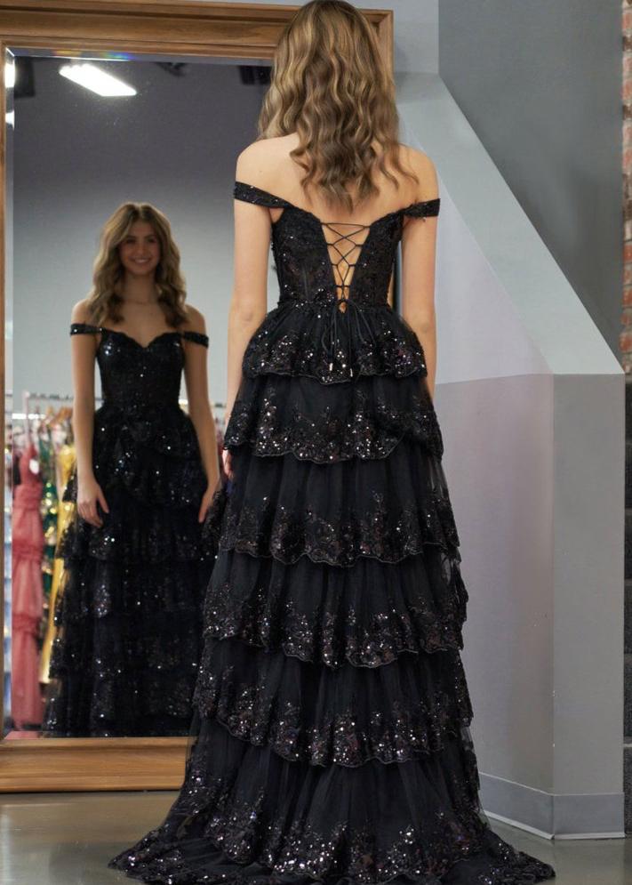 A-Line Lace Off-the-Shoulder Tiered Long Formal Prom Gown with Slit