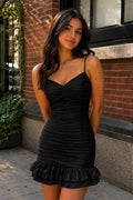 Pink - Spaghetti Straps Sheath Satin Pleated Homecoming Dress With Ruffles