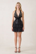 Black Sparkly Cut-Out Halter A-Line Chiffon Bow Homecoming Dress With Pearl