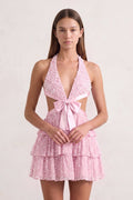Black Sparkly Cut-Out Halter A-Line Chiffon Bow Homecoming Dress With Pearl