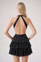 Black Sparkly Cut-Out Halter A-Line Chiffon Bow Homecoming Dress With Pearl