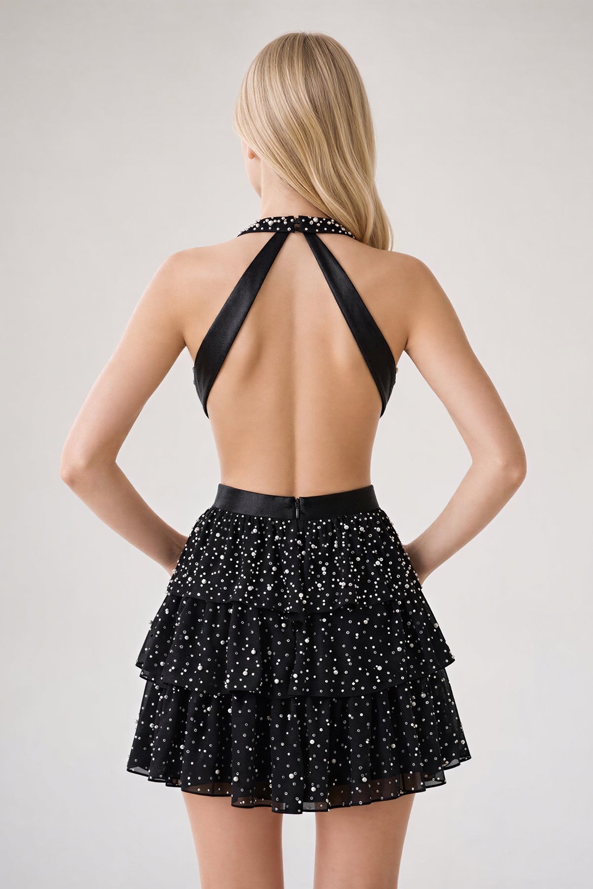 Black Sparkly Cut-Out Halter A-Line Chiffon Bow Homecoming Dress With Pearl