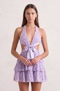 Black Sparkly Cut-Out Halter A-Line Chiffon Bow Homecoming Dress With Pearl