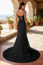 Lavender Lace Mermaid Evening Dress with Strapless Neckline and Slit