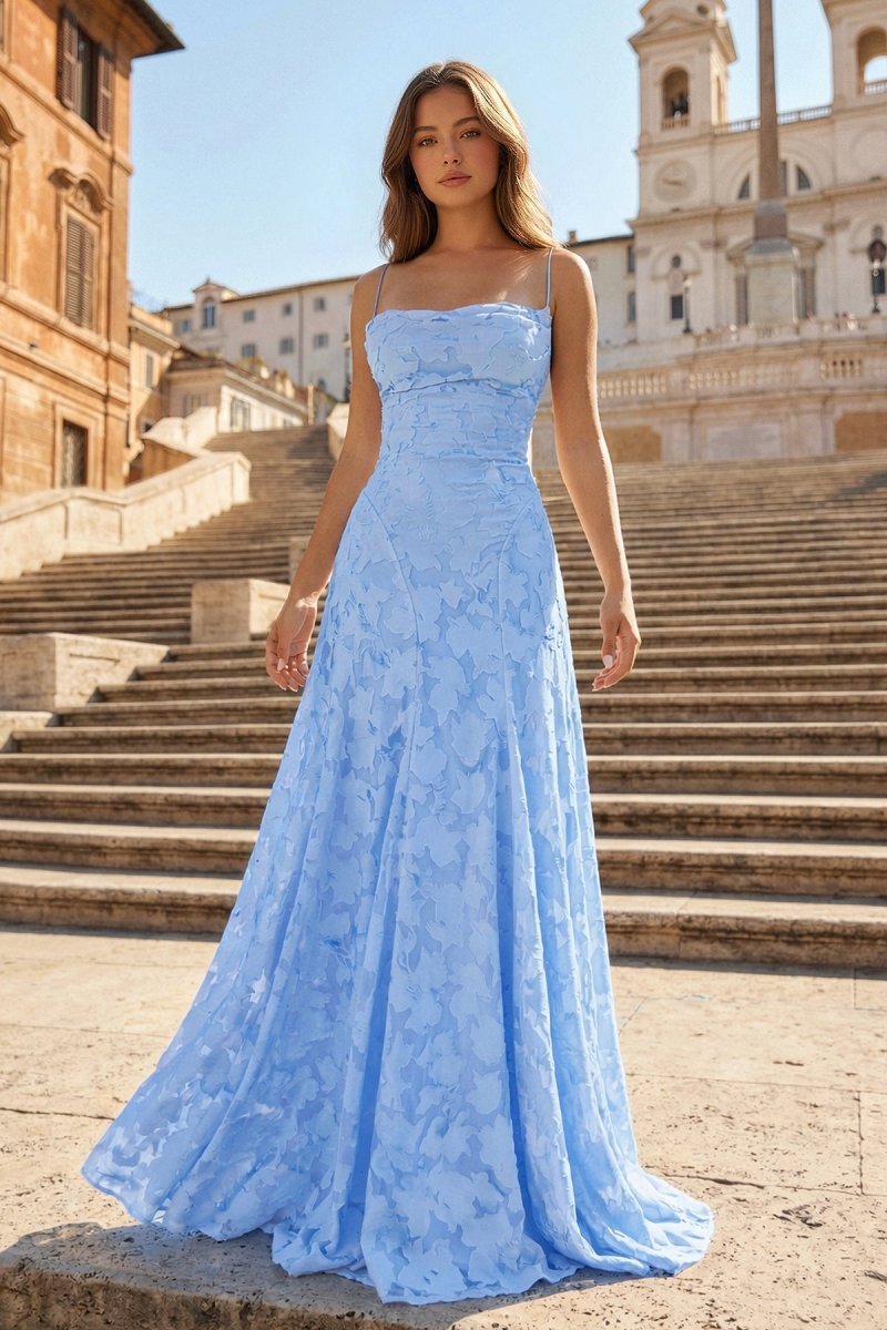 Pink A-Line Lace Floral Spaghetti Straps Long Formal Prom Gown