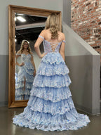 A-Line Lace Off-the-Shoulder Tiered Long Formal Prom Gown with Slit
