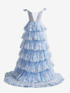 A-Line Lace Off-the-Shoulder Tiered Long Formal Prom Gown with Slit