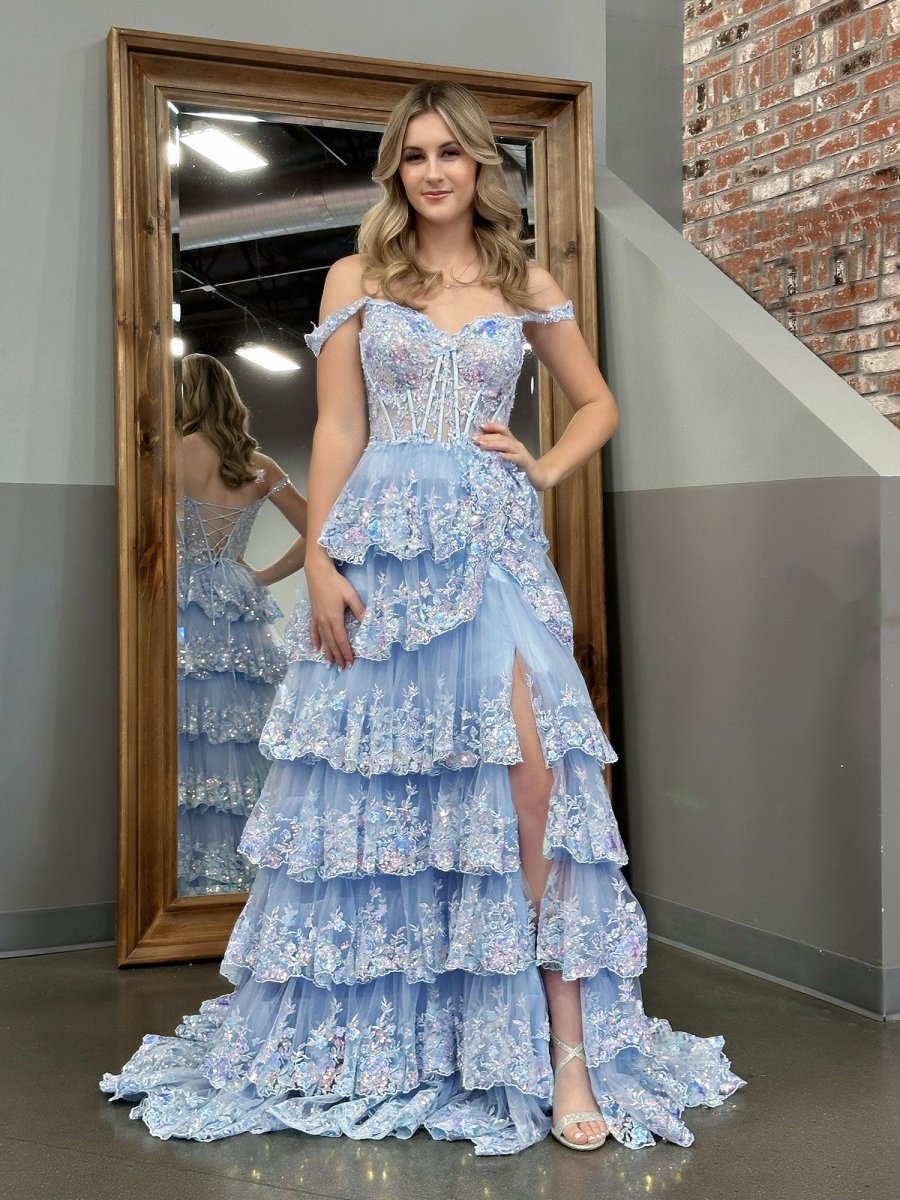 A-Line Lace Off-the-Shoulder Tiered Long Formal Prom Gown with Slit