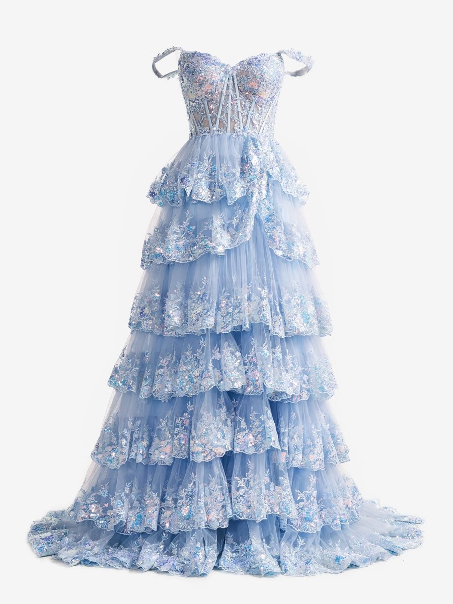 A-Line Lace Off-the-Shoulder Tiered Long Formal Prom Gown with Slit