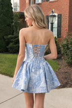 Blue Flower Jacquard Strapless A-Line Bowknot Homecoming Dress With Pearl