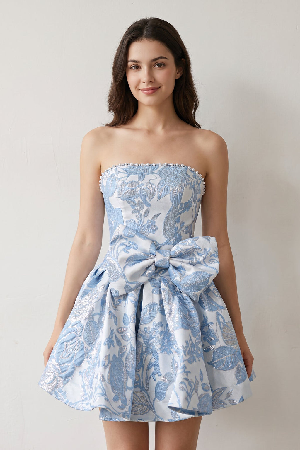 Blue Flower Jacquard Strapless A-Line Bowknot Homecoming Dress With Pearl