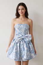 Blue Flower Jacquard Strapless A-Line Bowknot Homecoming Dress With Pearl