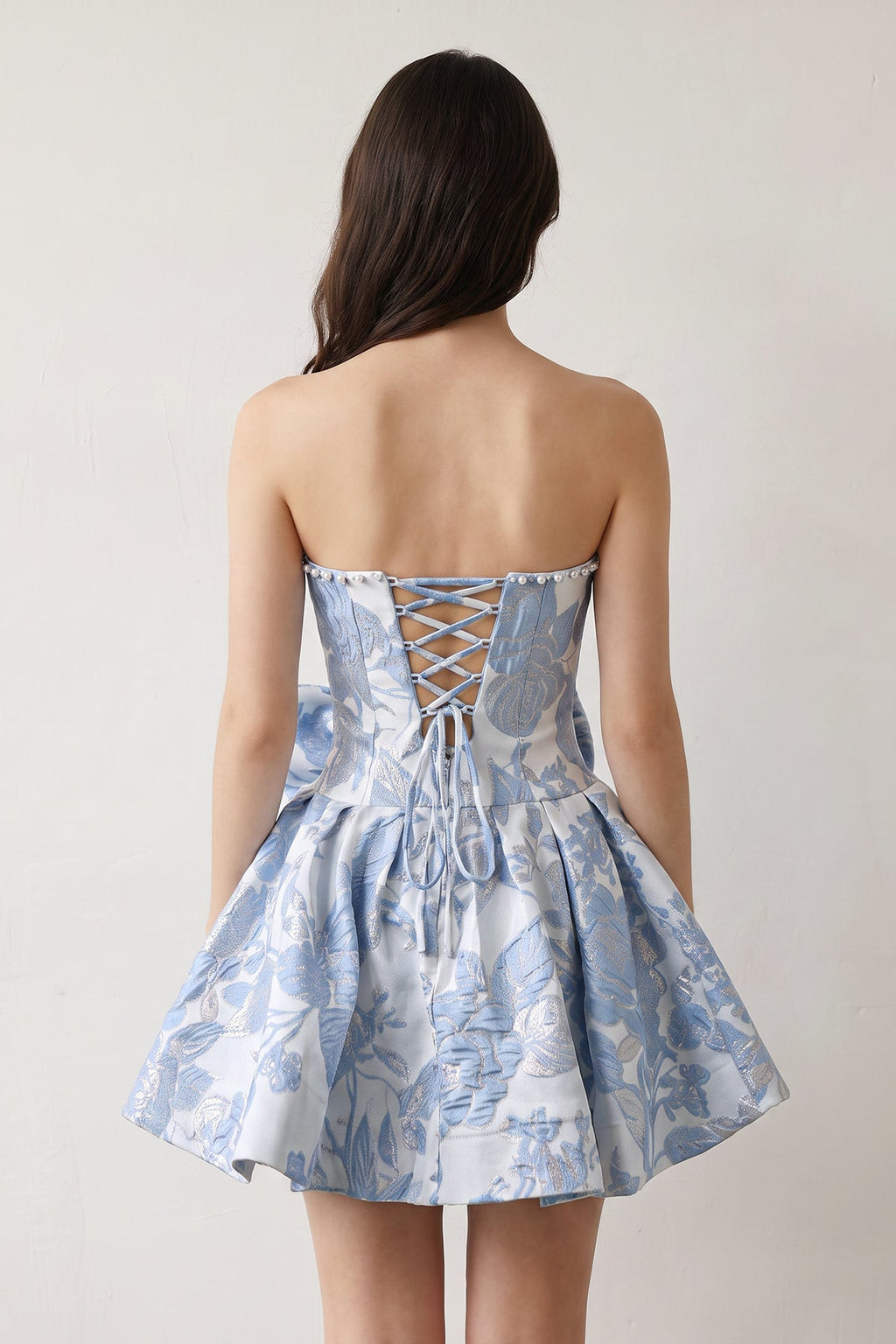 Blue Flower Jacquard Strapless A-Line Bowknot Homecoming Dress With Pearl
