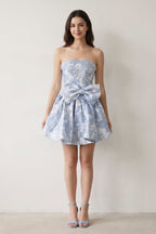 Blue Flower Jacquard Strapless A-Line Bowknot Homecoming Dress With Pearl