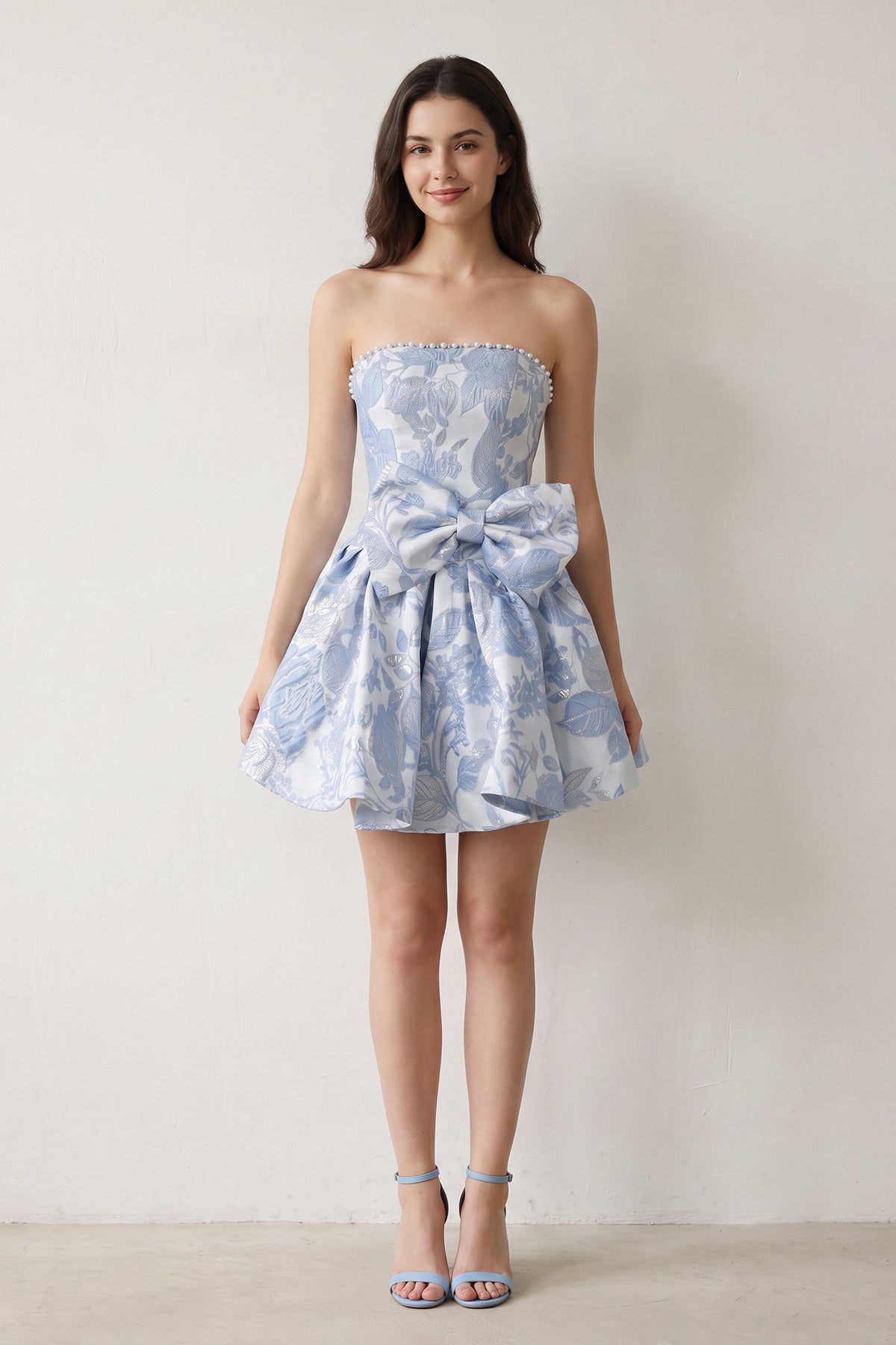 Blue Flower Jacquard Strapless A-Line Bowknot Homecoming Dress With Pearl