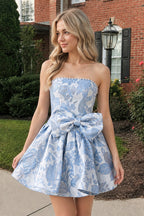Blue Flower Jacquard Strapless A-Line Bowknot Homecoming Dress With Pearl
