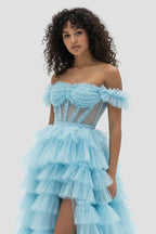 Royal Blue Off the Shoulder Ruffle Tiered Tulle Long Formal Prom Gown with Slit