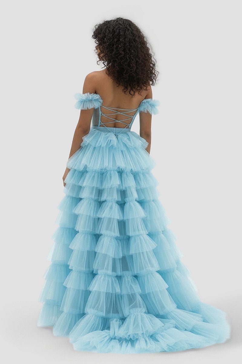 Royal Blue Off the Shoulder Ruffle Tiered Tulle Long Formal Prom Gown with Slit